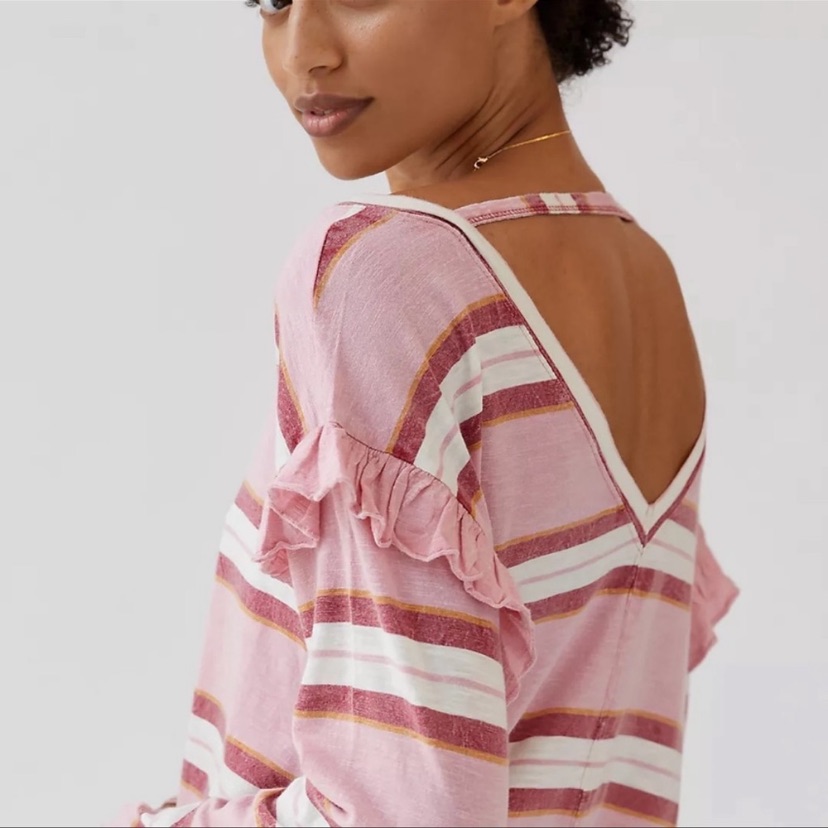Anthropologie Pilcro Long Sleeve Striped Ruffle Tee Oversized Pink Size Xs